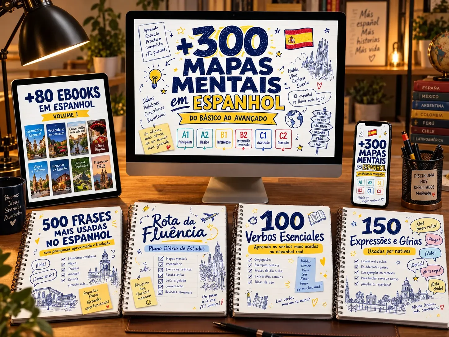 Kit Espanhol no Mapa exibido em computador, tablet, celular e cadernos